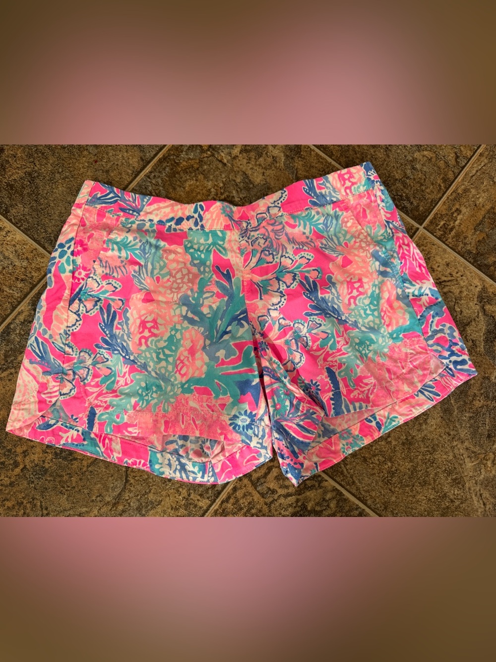 Lilly Pulitzer Ocean View shorts- pink and blue tropical coral pattern, size XS